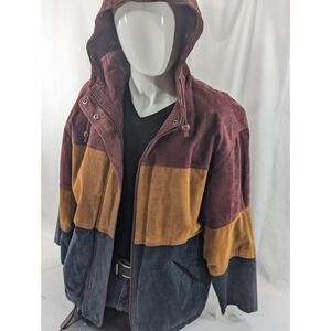 Vintage Outbrook Leather Hooded Coat Jacket Color‎ Block Retro Hip Hop Large